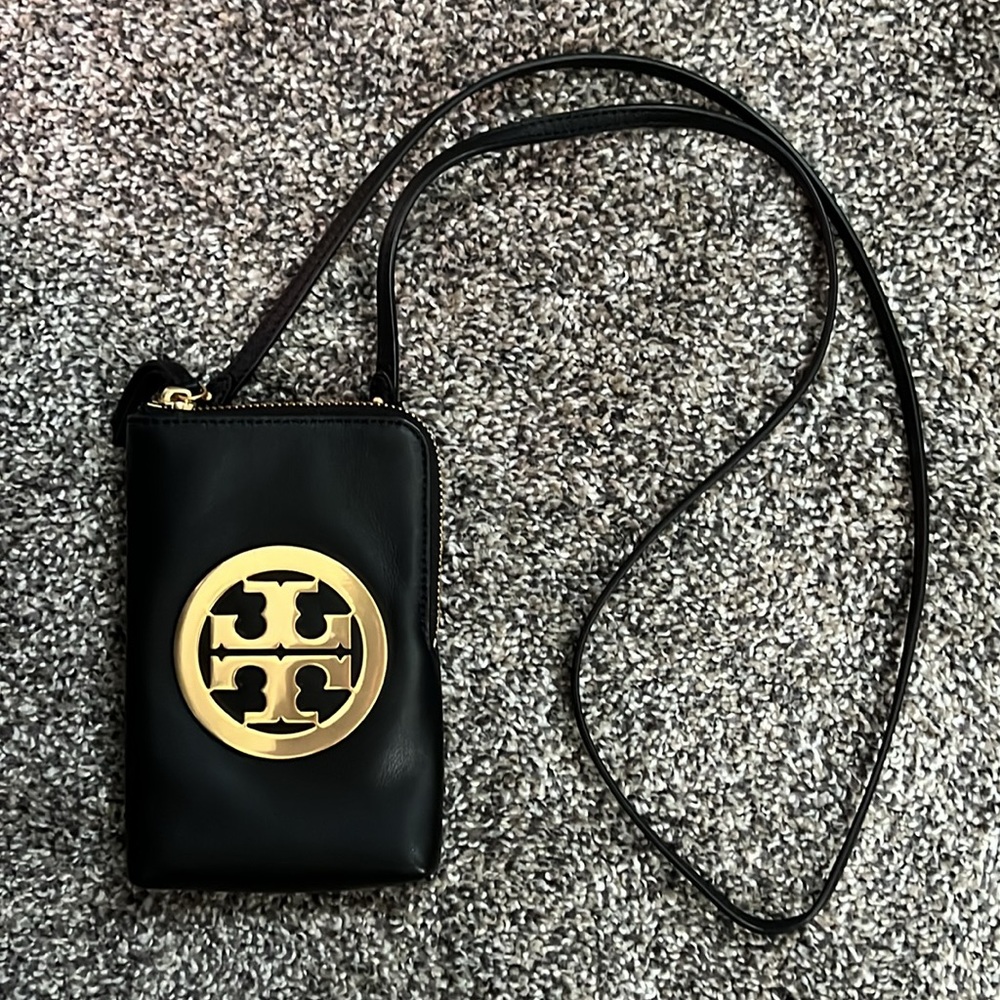 Tory Burch Black and Gold Charlie Mini Phone Crossbody Bag Purse